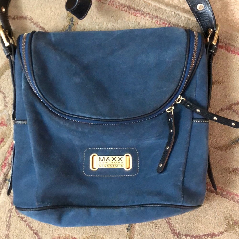 Maxx New York Signature Shoulder Bag Purse Blue Suede Front Flap